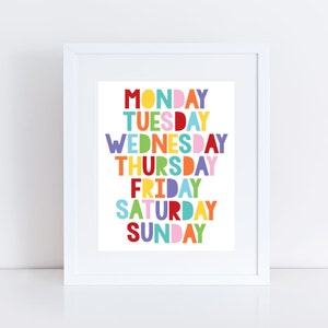 colourful days of the week art - play room print, nursery wall art, childrens educational artwork, kids decor, baby, girl boy gender neutral