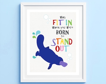 Kids wall art - colourful platypus nursery art with inspirational quote. Perfect for gender neutral kids room decor - paper or canvas print