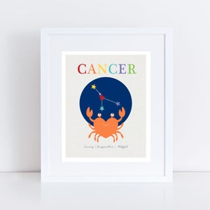 zodiac sign art cancer crab print, baby starsign art, horoscope art, personalised birth stats print, zodiac print cancer star sign art print