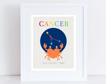 zodiac sign art cancer crab print, baby starsign art, horoscope art, personalised birth stats print, zodiac print cancer star sign art print