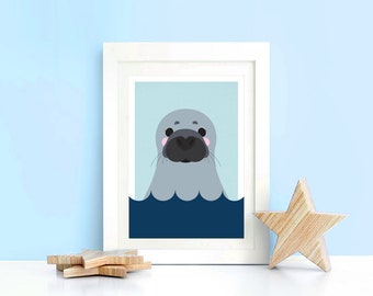 swimming seal print - baby room print, animal nursery art, kids Illustration, arctic animals nursery print,  winter animal art, polar animal