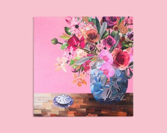 pink floral artwork mothers day gift - limited edition print flowers - vase of flowers collage, floral art flower print flower art wall art