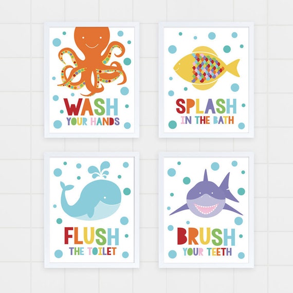 Kids Bathroom Art Set Sea Themed Prints Colourful Kids Decor Childrens Art Wash Flush Brush Splash Shark Octopus Fish Whale Ocean