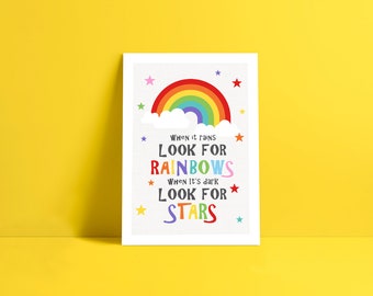 inspirational art for kids - look for rainbows and stars - postive thinking, colourful nursery decor, printed childrens wall art, girl boy