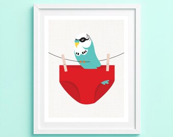 Funny budgie wall art print – add a humorous Australian touch to your home decor with this quirky bird illustration