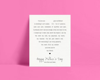Personalised Mothers day poem print - custom gift for mum, mothers day gift from son or daughter, mum birthday gift, mother print mother art