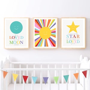 Colourful sun, moon & star nursery wall art - Set of 3 prints for kids room decor, gender neutral prints perfect for space themed nursery