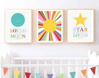 Colourful sun, moon & star nursery wall art - Set of 3 prints for kids room decor, gender neutral prints perfect for space themed nursery