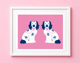 Staffordshire Dogs Art Print | Blue and White Spaniel Wall Art | Chinoiserie Home Deco