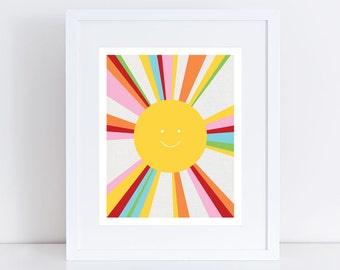 sun art print - colourful decor kids nursery art children baby girl boy gender neutral yellow multicoloured - rainbow bright, sunshine, fun