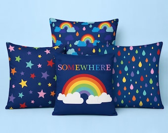 Somewhere Over the Rainbow Cushion Covers – Rainbow Kids Room Decor Gift, Colourful Nursery Pillows, Playroom Cushion Set