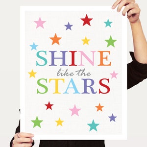shine like the stars poster baby girl, baby boy, nursery artwork print, kids room decor, space theme, colourful art, inspirational quote 16x20 inches