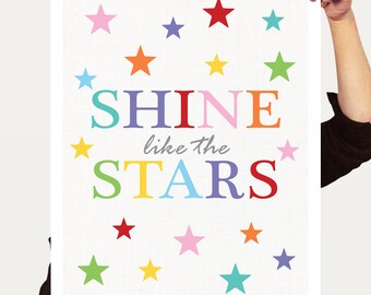 shine like the stars poster - baby girl, baby boy, nursery artwork print, kids room decor, space theme, colourful art, inspirational quote