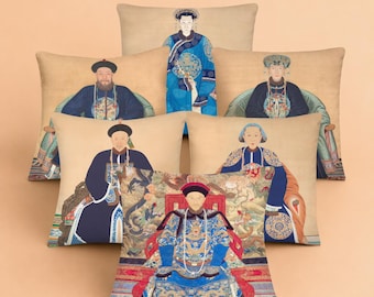 Vintage Chinese Ancestor Cushion Cover – Colourful Chinoiserie Decor for Maximalist Homes