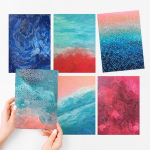 Set van 6 kaarten met abstracte kunst - diverse wenskaarten, kleurrijke kaarten met originele kunstwerken, blanco kaarten, kaartenbundel
