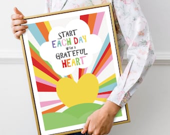 heart sunrise art print - start each day with a grateful heart - positive message wall art for kids, inspirational art, quote print, rainbow