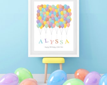 kids birthday party guestbook poster - custom balloon name - naming ceremony, keepsake print, kids mileston birthday, fingerprint guest book