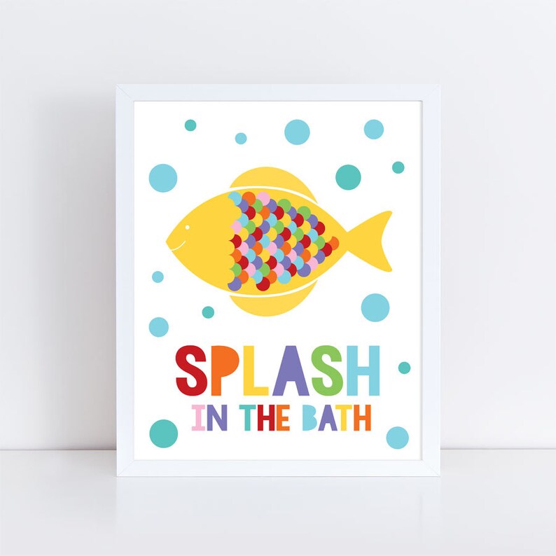 kids bathroom art set sea themed prints colourful kids decor, childrens art wash your hands flush brush splash, shark octopus fish whale image 3