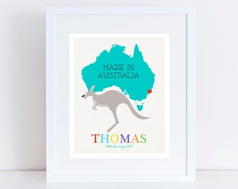 personalised made in australia birth print - custom nursery art print - kangaroo birth stats new baby girl or boy animal map rainbow bright