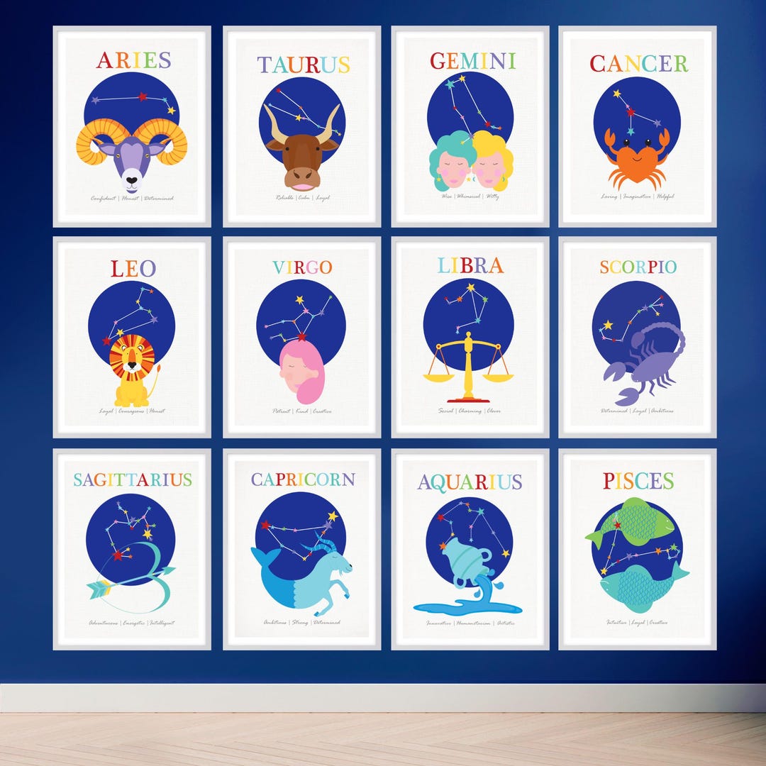 Zodiac Nursery Art Personalised Star Sign Prints: Aries Taurus Gemini ...