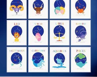 Zodiac nursery art personalised star sign prints: Aries Taurus Gemini Cancer Leo Virgo Libra Scorpio Sagittarius Capricorn Aquarius Pisces