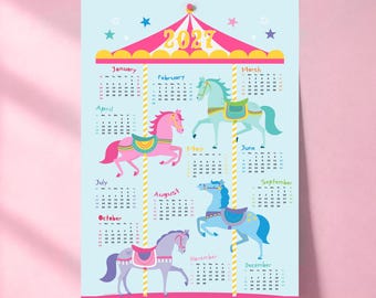 2027 Wall Calendar Poster, Colourful Carousel Horse Calendar, Large A1 Family Planner, Circus Fairground
