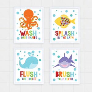 kids bathroom art set sea themed prints colourful kids decor, childrens art wash your hands flush brush splash, shark octopus fish whale image 6