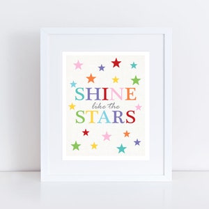 shine like the stars poster baby girl, baby boy, nursery artwork print, kids room decor, space theme, colourful art, inspirational quote image 2