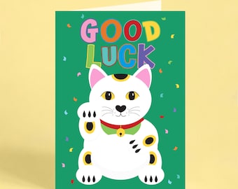Good Luck Lucky Cat Card – New Job, Exam, Graduation & Good Fortune Greeting Card