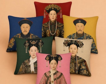 Vintage Chinese Ancestor Cushion Cover – Colourful Chinoiserie Decor for Maximalist Homes