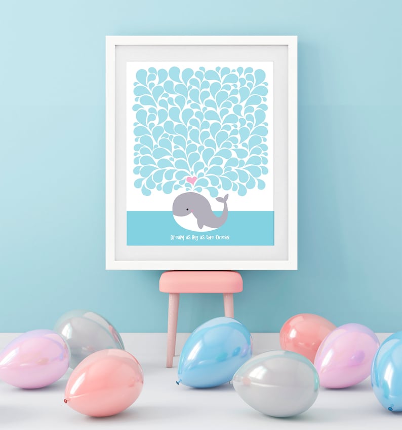 animal art beach nursery art whale nursery nautical baby shower whale signature guest book baby shower or birthday print sea nursery