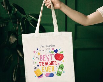 Personalised Teacher Appreciation Gift - Best teacher ever Tote Bag for Teachers - stationery and apple Illustration customised gift