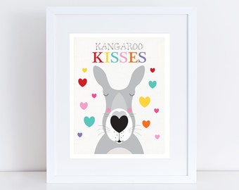 kangaroo kisses nursery art print - australian animals colourful children kids baby girl or boy hearts love australia rainbow bright aussie