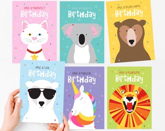 kids birthday card pack of 6 - assorted birthday cards, fun animal cards, blank cards for children, card bundle, colourful childrens cards