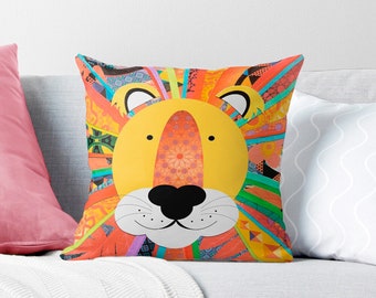 kids cushion cover rainbow lion throw pillow for nursery - original art, animal cushion, throw cushion baby gift, kids decor safari nursery