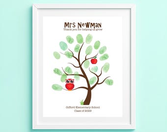 Personalised Teacher Gift Fingerprint Tree Owl | End of Year Class Gift | Thank You Teacher Keepsake | Classroom Guest Book Poster