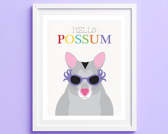 Hello Possum Print – Colourful Australian Animal Wall Art with a Cheeky Twist