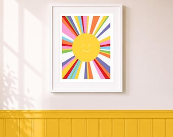 Smiling Sun Wall Art for Kids – Colourful Rainbow Sunshine Print for Bedrooms & Playrooms