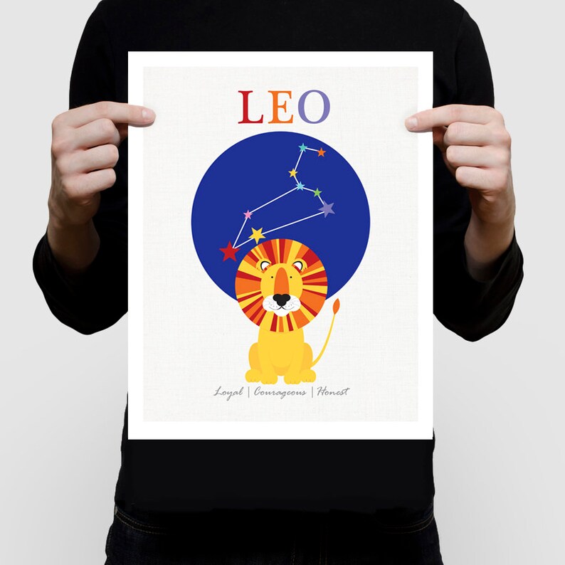 zodiac art nursery print leo lion star sign, constellation baby starsign stars space, horoscope art kids room, personalised birth stats image 3