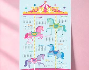 2026-2027 Academic Year Carousel Calendar Poster A1 23x33inches – Colourful Merry Go Round Design