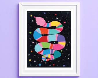 Colourful Snake Wall Art Print – Rainbow Serpent Inspired Artwork