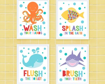 kids bathroom art set - sea themed prints - colourful kids decor, childrens art wash your hands flush brush splash, shark octopus fish whale