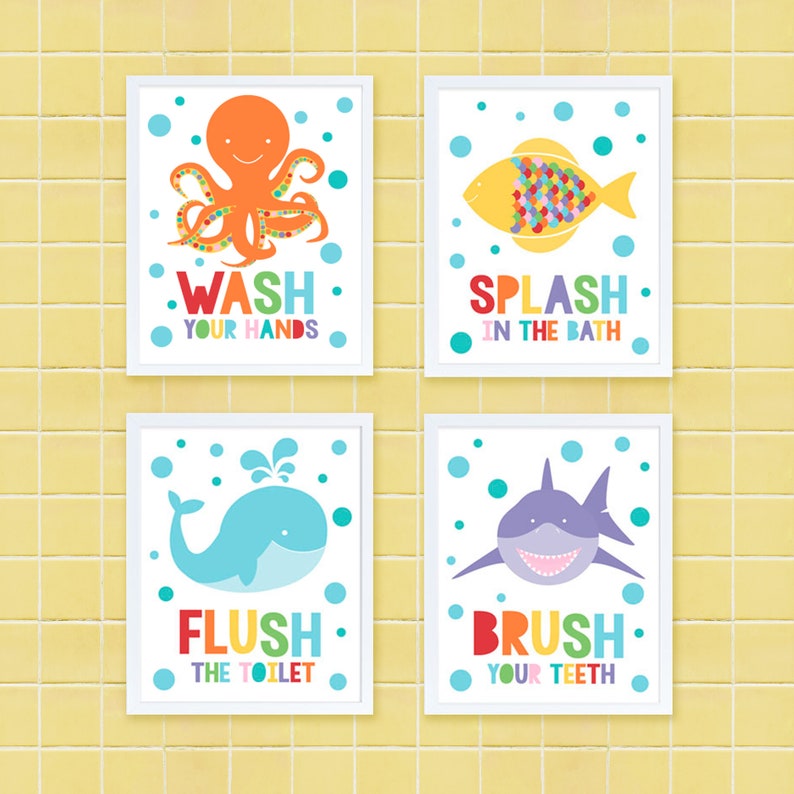 kids bathroom art set sea themed prints colourful kids decor, childrens art wash your hands flush brush splash, shark octopus fish whale image 1