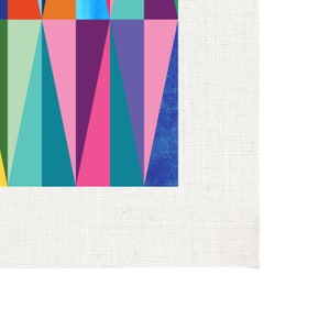 May include: Abstract geometric pattern with triangles in shades of blue, green, pink, purple, yellow, and orange.