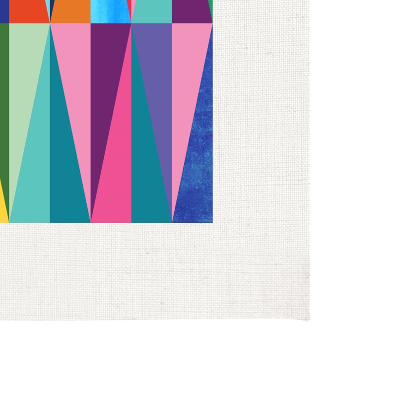 May include: Abstract geometric pattern with triangles in shades of blue, green, pink, purple, yellow, and orange.