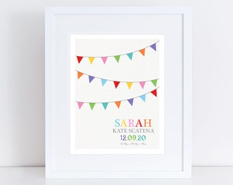 custom birth stats print - colourful bunting print - custom nursery art, personalised nursery print, birth date print, birth print stat sign