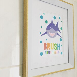 kids bathroom art set sea themed prints colourful kids decor, childrens art wash your hands flush brush splash, shark octopus fish whale image 8