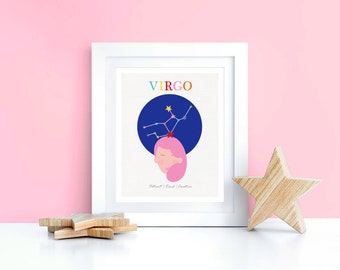 zodiac art nursery print - virgo star sign, constellation baby starsign stars space, horoscope art kids room, personalised birth stats