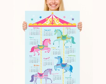 2026 Year of the Horse Carousel Calendar POSTER A1 - Vibrant Merry-go-round Design
