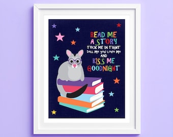 Storytime Possum Print Gift | Cute Australian Nursery Wall Art | Baby Shower Gift | Kids Room Decor | New Baby Gift